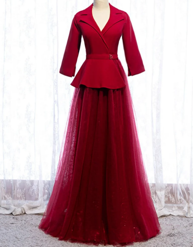 Prom Dresses,a-line Burgundy Tulle 3/4 Sleeve V-neck Prom Dresses