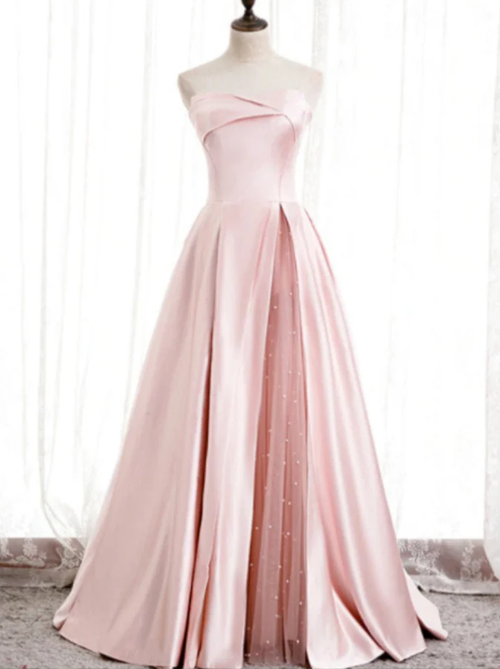 Prom Dresses,a-line Satin Strapless Pleats Long Prom Dress