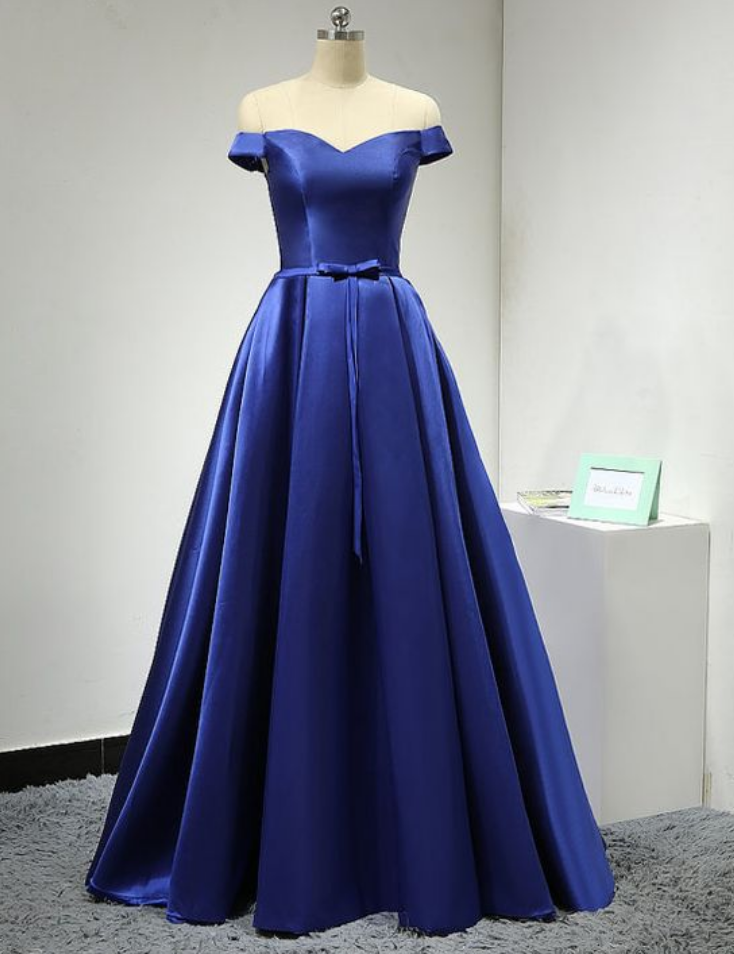 Prom Dresses,royal Blue Prom Dress, Satin Floor Length Prom Dress, A-line Party Dress, Off Shoulder Evening Dresses