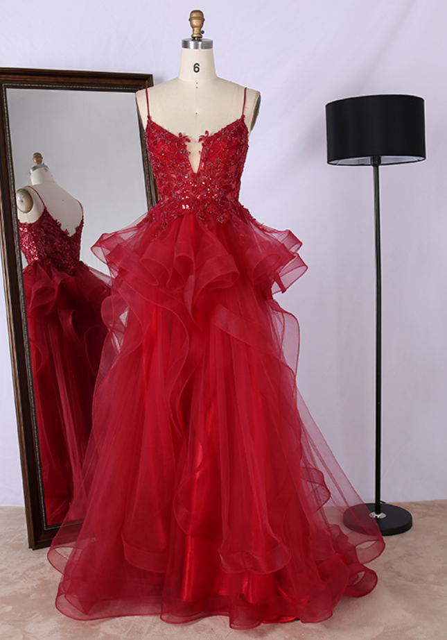 Prom Dresses,fancy V Neck Spaghetti Strap Beaded Appliques Sexy Women Ball Gowns Prom Dress