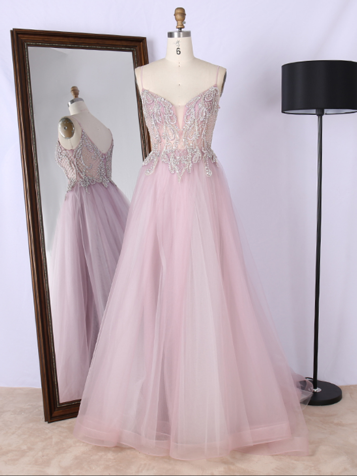 Prom Dresses,fancy Tulle Beading Spaghetti Strap Sweep Train Elegant Long Special Occasion Prom Dresses