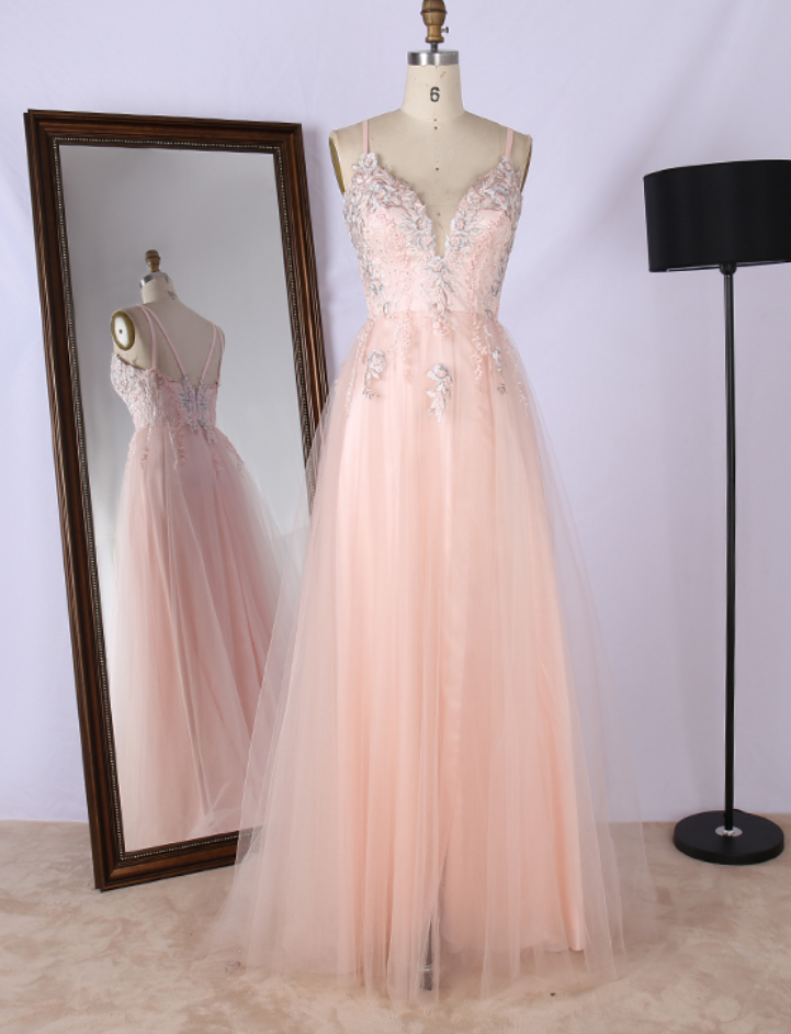 Prom Dresses,Promotional tulle handmade floral embroidery v neck spaghetti strap backless elegant women long prom dress
