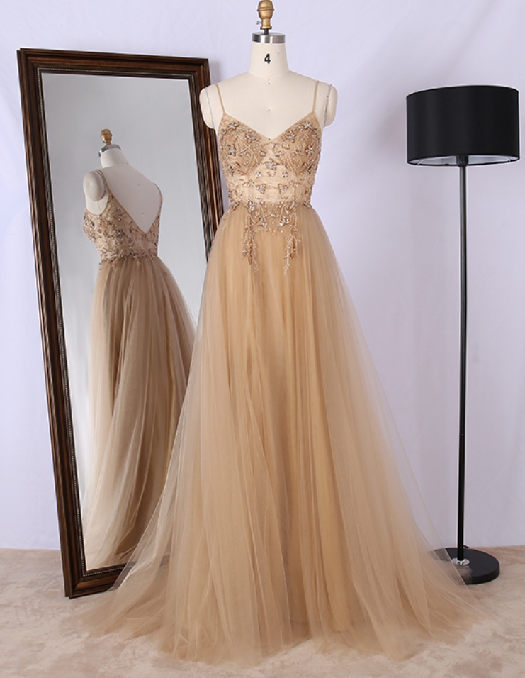 Prom Dresses,customized V Neck Spaghetti Strap Handmade Embroidery Tulle Beaded Long Sexy Girls Prom Dresses