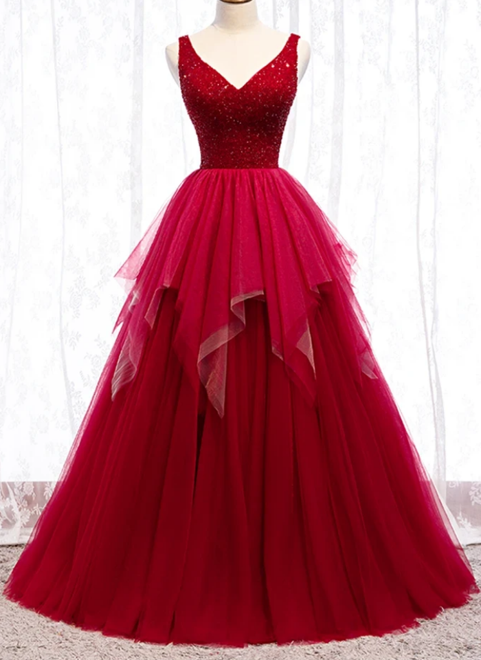 Prom Dresses,tulle Crystal V Neck Long Lace Up Prom Dress, Evening Dress