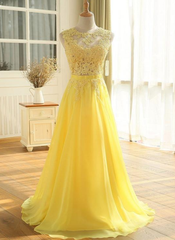 Prom Dresses,yellow Chiffon And Lace A-line Prom Dress, Long Formal Gowns