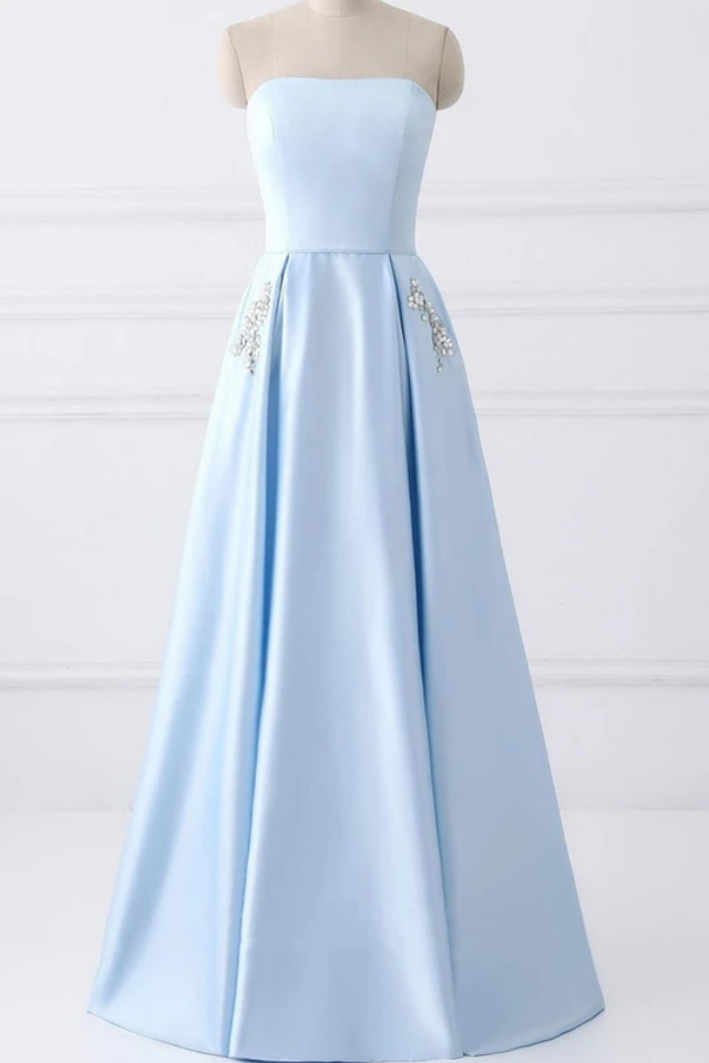 Prom Dresses,elegant Beaded Pockets Strapless Long Prom Dress