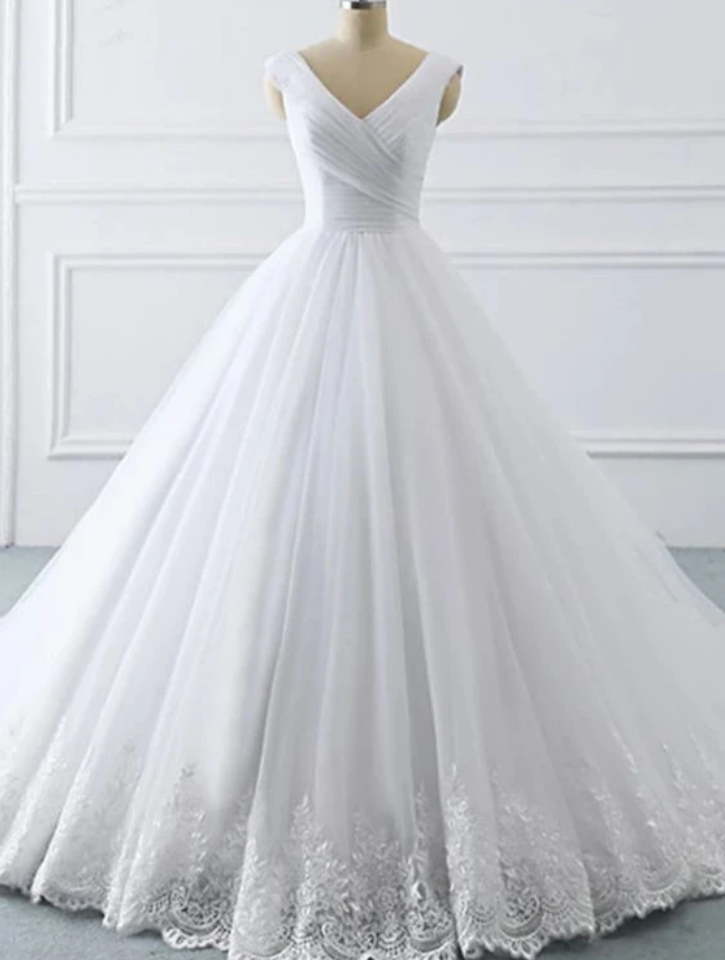 Wedding Dresses,lace V Neck Puffy Sweep Train Wedding Dress, Lace Formal Prom Dress