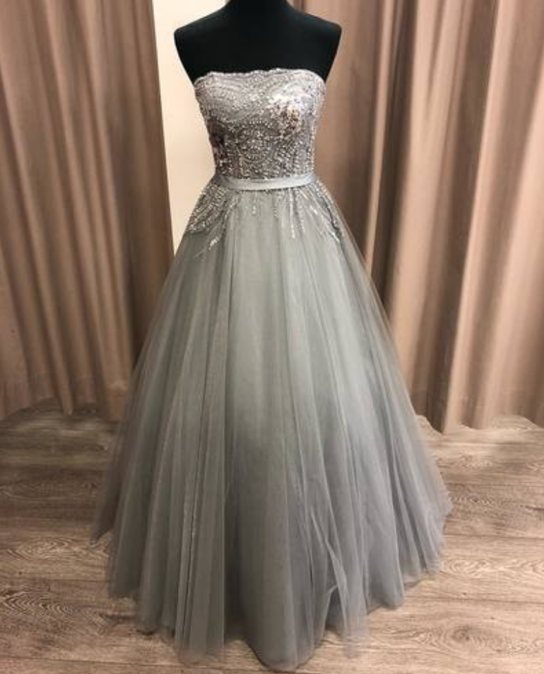 Prom Dresses,elegant Strapless A Line Tulle Long Prom Dress, Beaded Evening Dress