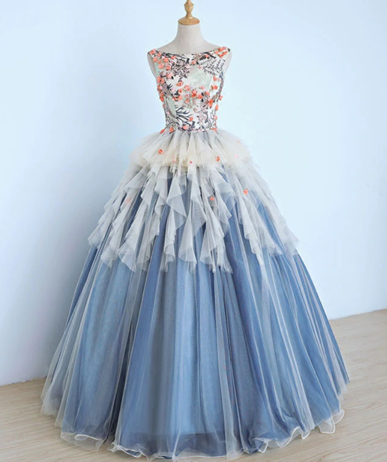  prom Dresses, Unique round neck tulle lace applique long prom dress