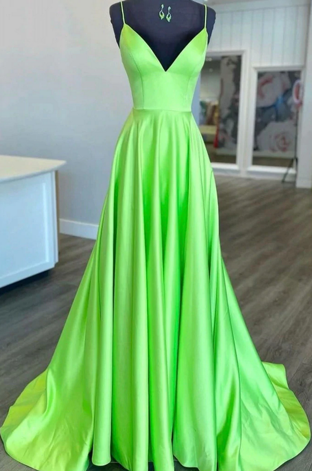 Long A-line V-neck Satin Backless Prom Dress with Slit Pink Formal Graduation Evening Dresses main image 1