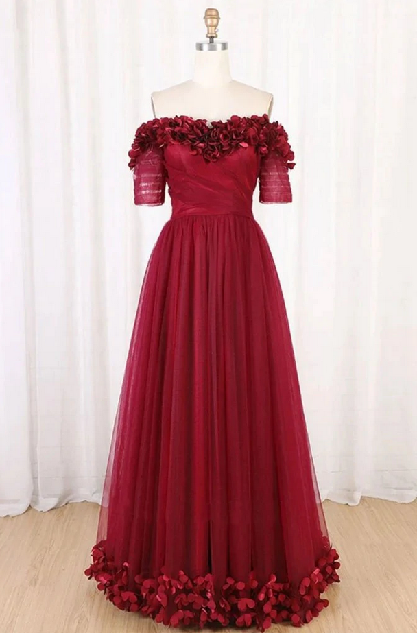 Prom Dresses,off Shoulder Floor Length Tulle Prom Dress With Applique, A Line Tulle Evening Dress