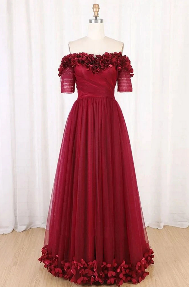 Floor Length Off Shoulder Tulle Evening Dress with Appliques, Elegant Prom Gown UQ2273