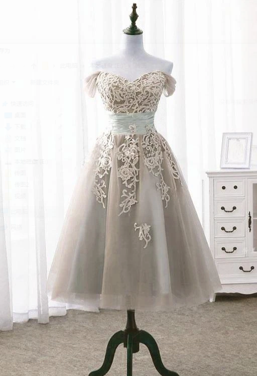 Light Champagne Vintage Style Length Off Shoulder Party Dress, Bridesmaid Dress, Homecoming Dress