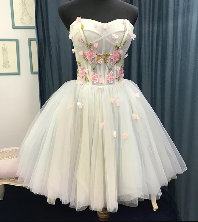 sweetheart homecoming dress Pink Strapless Sweetheart Homecoming Dresses With Lace Appliques, MH645
