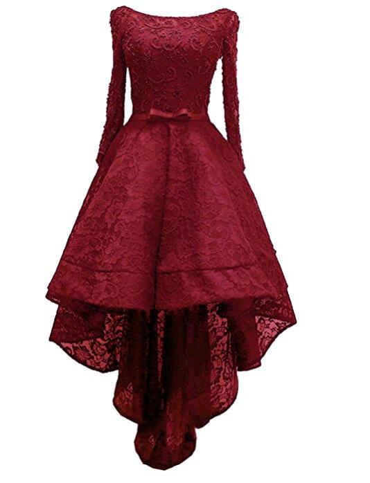 Beautiful 1/2 Sleeves High Low Red Lace Party Dress, Short Prom Dress