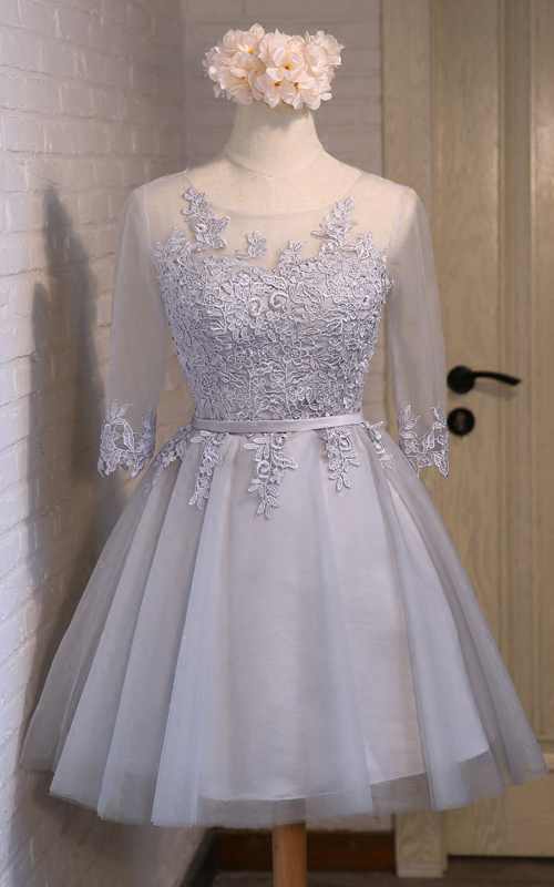 Grey Lace And Tulle Knee Length Style Prom Dresses , Formal Gowns, Bridesmaid Dresses
