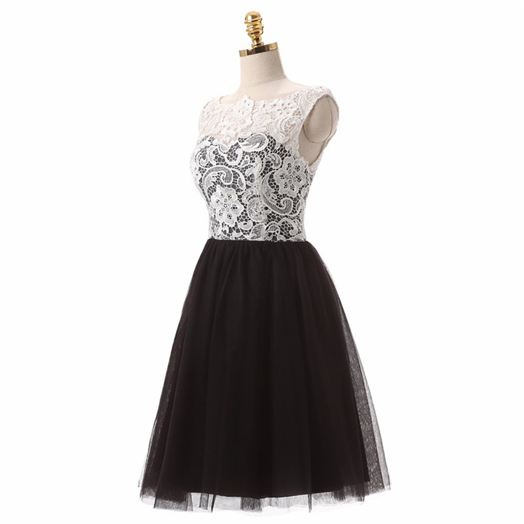 Lovely Black And White Lace And Tulle Knee Length Bridesmaid, Lace Short Prom Dresses, Tulle Homecoming Dresses
