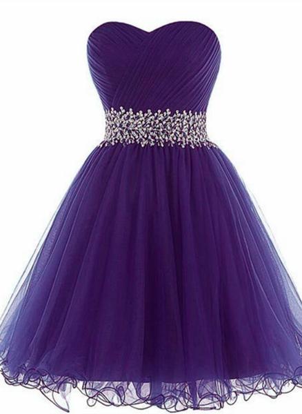 Purple Tulle Beaded And Sequins Short Homecoming Dress, Sweetheart Prom Dress
