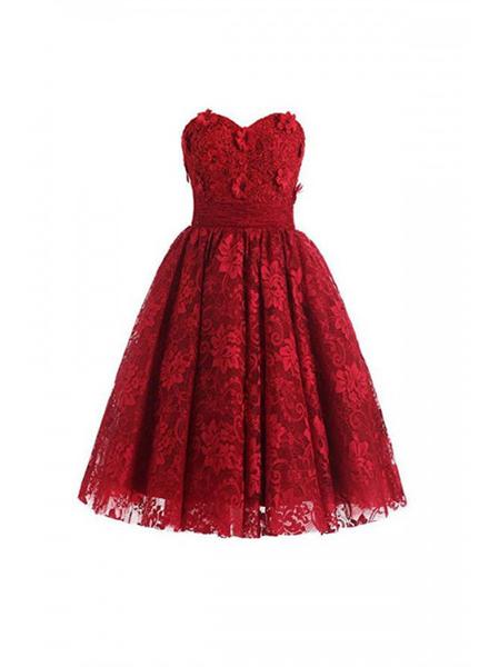 Red Lace Flowers Sweetheart Party Dress, Lace Graduation Dress, Homecoming Dress
