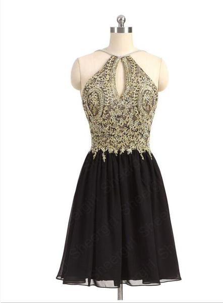 Lovely Short Black Chiffon And Gold Lace Halter Homecoming Dresses, Short Prom Dresses