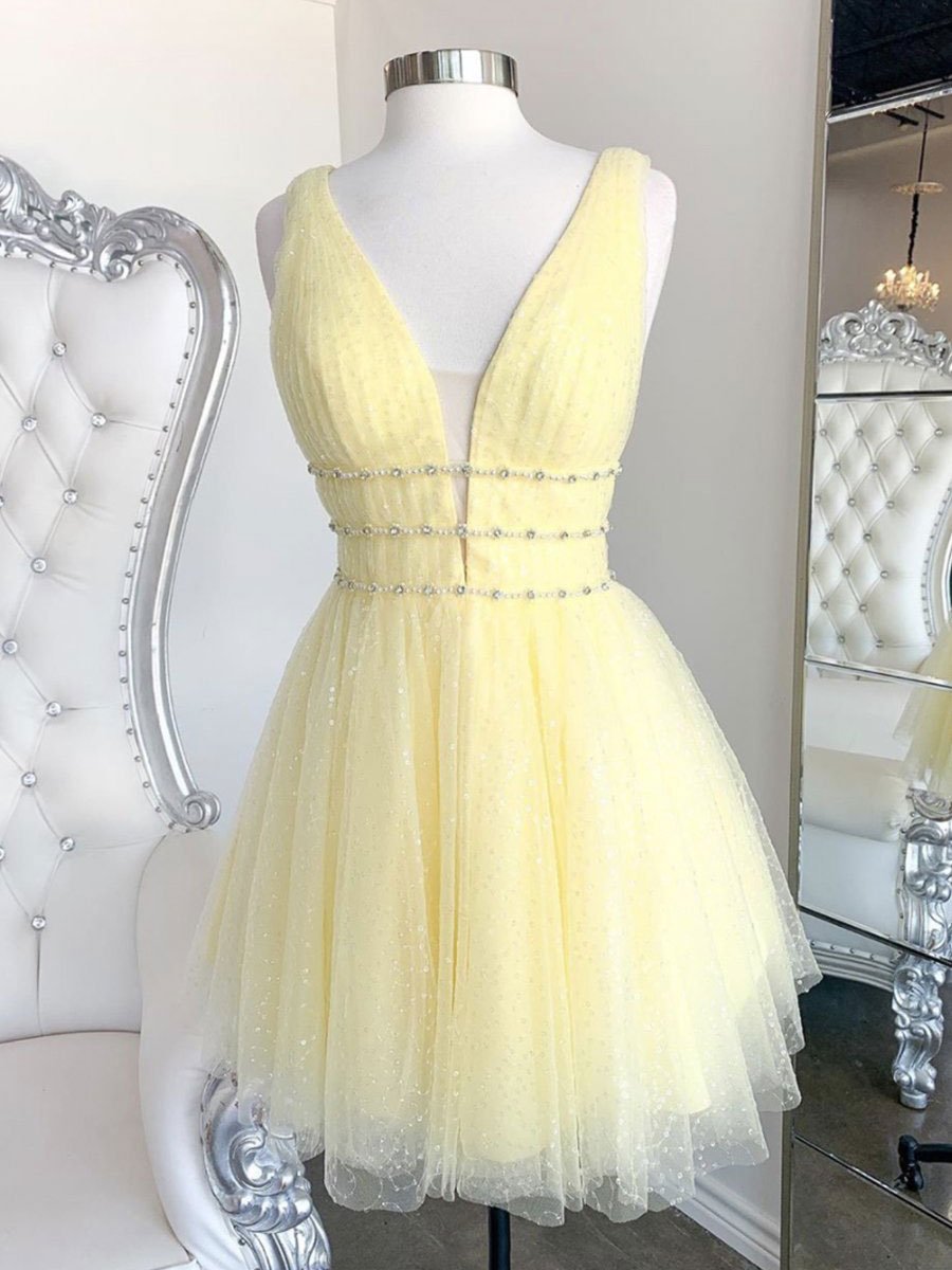 Cute Yellow V Neck Tulle Beads Short Prom Dress, Yellow Homecoming Dress