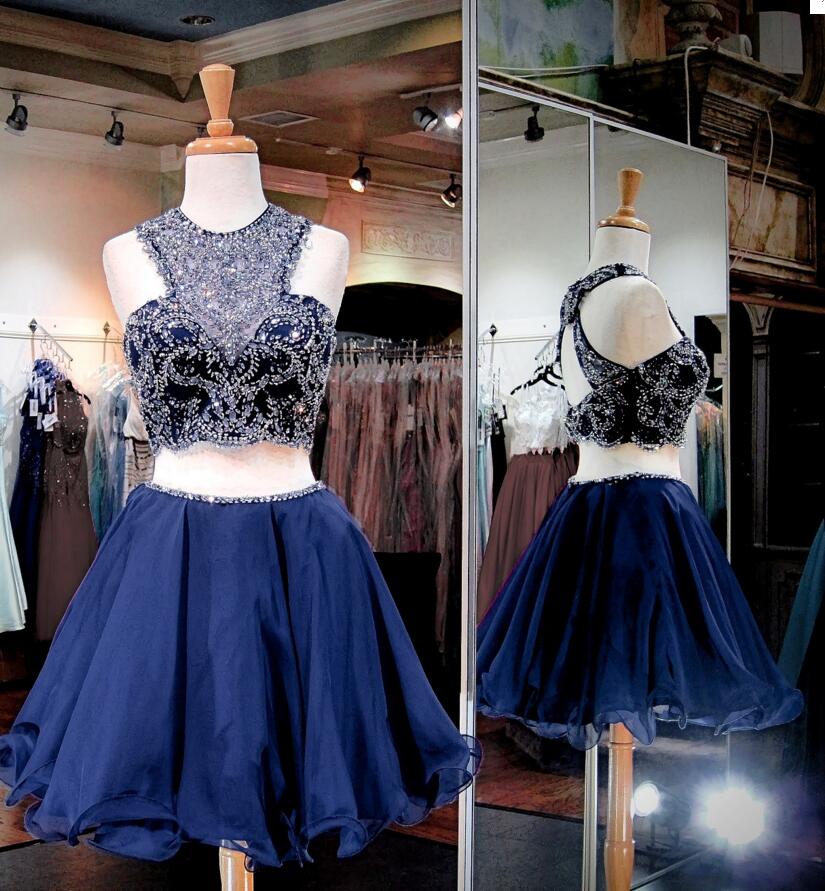 Two Pieces Navy Homecoming Dresses, Luxury Rhinestone Homecoming Dresses, Navy Homecoming Dresses