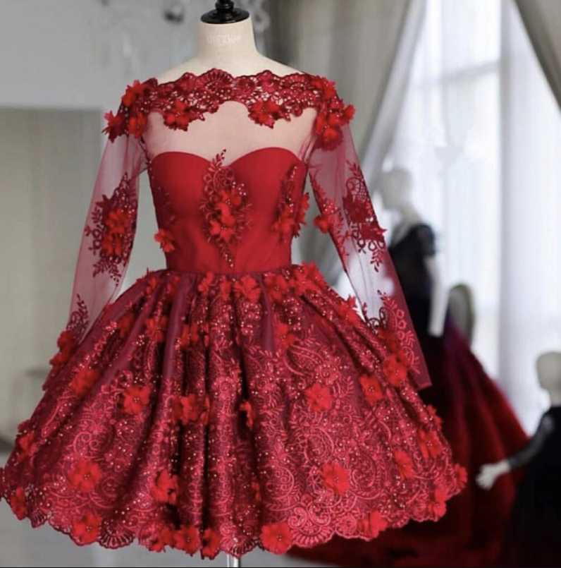 Burgundy Homecoming Dress With Long Sleeves, Prom Dress ,short Cocktail Party Holiday Dress