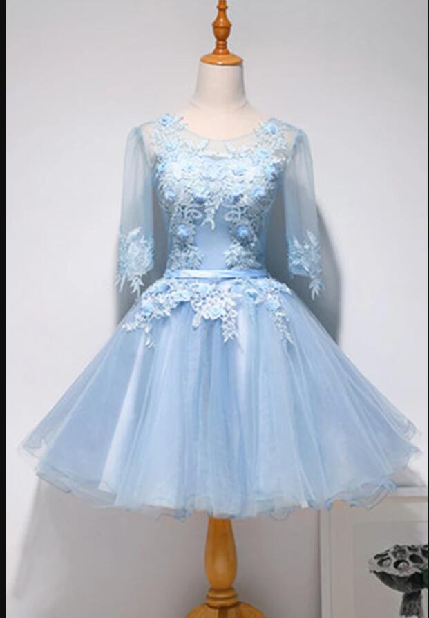 Sexy A Line Blue Tulle Lace Short Prom Party Dress With Long Sleeve, Short Homecoming Party Dress,sweet Prom Gowns