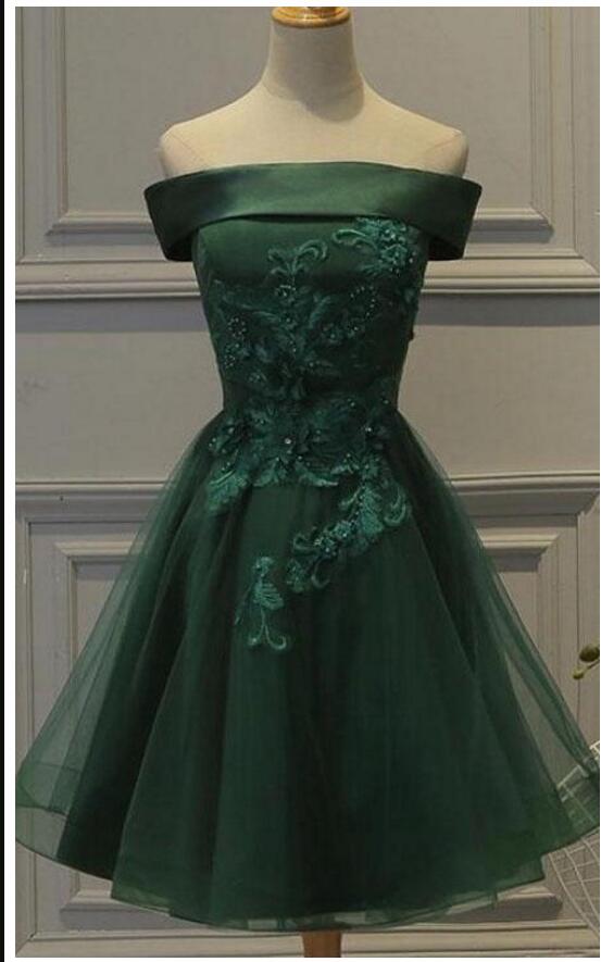 Off Shoulder Green Lace Short Prom Dress, Off Shoulder Short Homecoming Dress, Short Cocktail Gowns, Sweet Prom Gowns