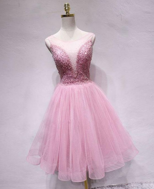 Pink Tulle Sheer Neck Short Homecoming Dress, A Line Mini Prom Party Gowns , Sweet 16 Prom Gowns , Short Cocktail Dress