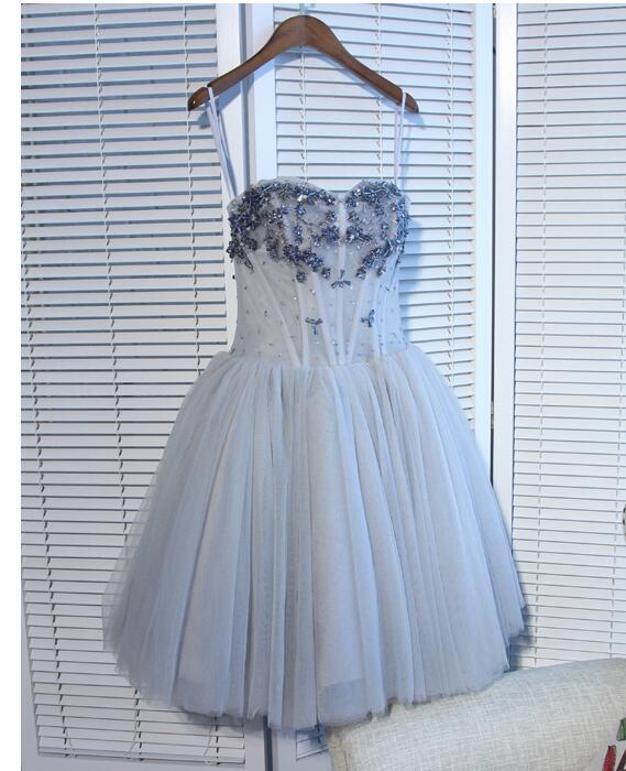 Gray Tulle Beaded Short Homecoming Dress, Sweet Prom Gowns ,short Cocktail Party Gowns ,junior Party Dress For Girls