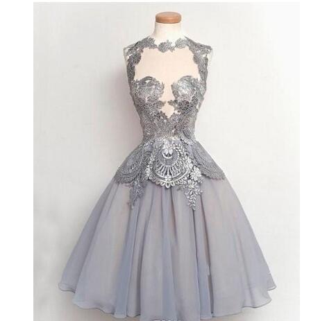 Gray Homecoming Dresses, Lace Applique Sheer Neck Evening Gowns, Chiffon Knee Length Formal Party Dresses