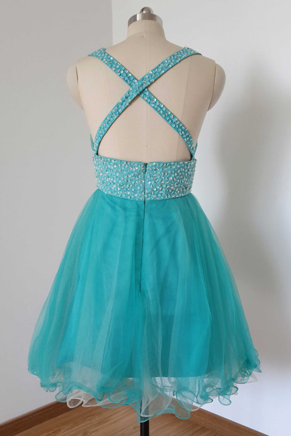 V-neck Knee Length Tulle Lake Blue Homecoming Dress,prom Dress,graduation Dress
