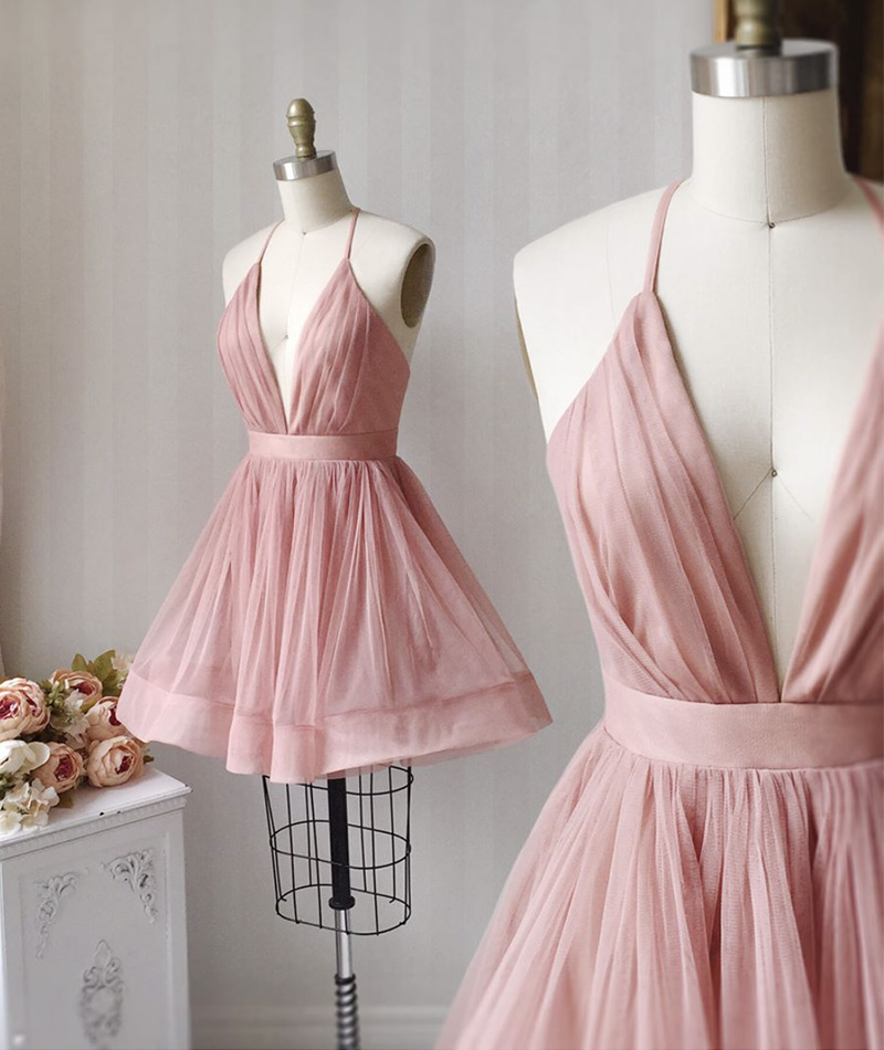 Pink V Neck Tulle Short Prom Dress, Party Dress