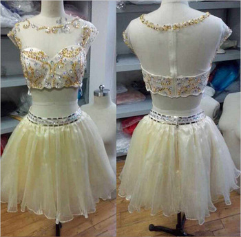 Cap Sleeve Prom Dress, 2 Piece Prom Dress, Junior Yellow Prom Dress, Homecoming Dress