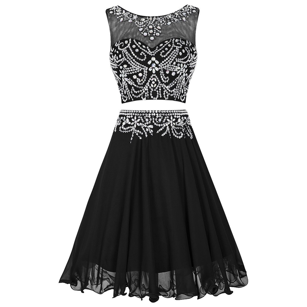 Black Two-piece Homecoming Dress, Featuring Beaded Chiffon Knee Length Skirt And Beaded Sweetheart Illusion Bodice With Keyhole Back