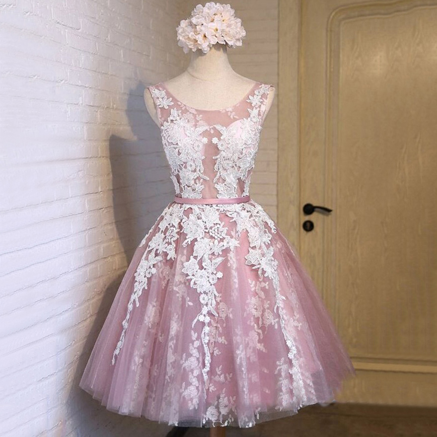 Scoop Neck See-through Tulle Prom Dress, Princess Lace Appliques Pink Short Prom Dress, Low Back Lace-up Mini Prom Dress Scoop Neck See-through Tulle Prom Dress, Princess Lace Appliques Pink Short Prom Dress, Low Back Lace-up Mini Prom Dress