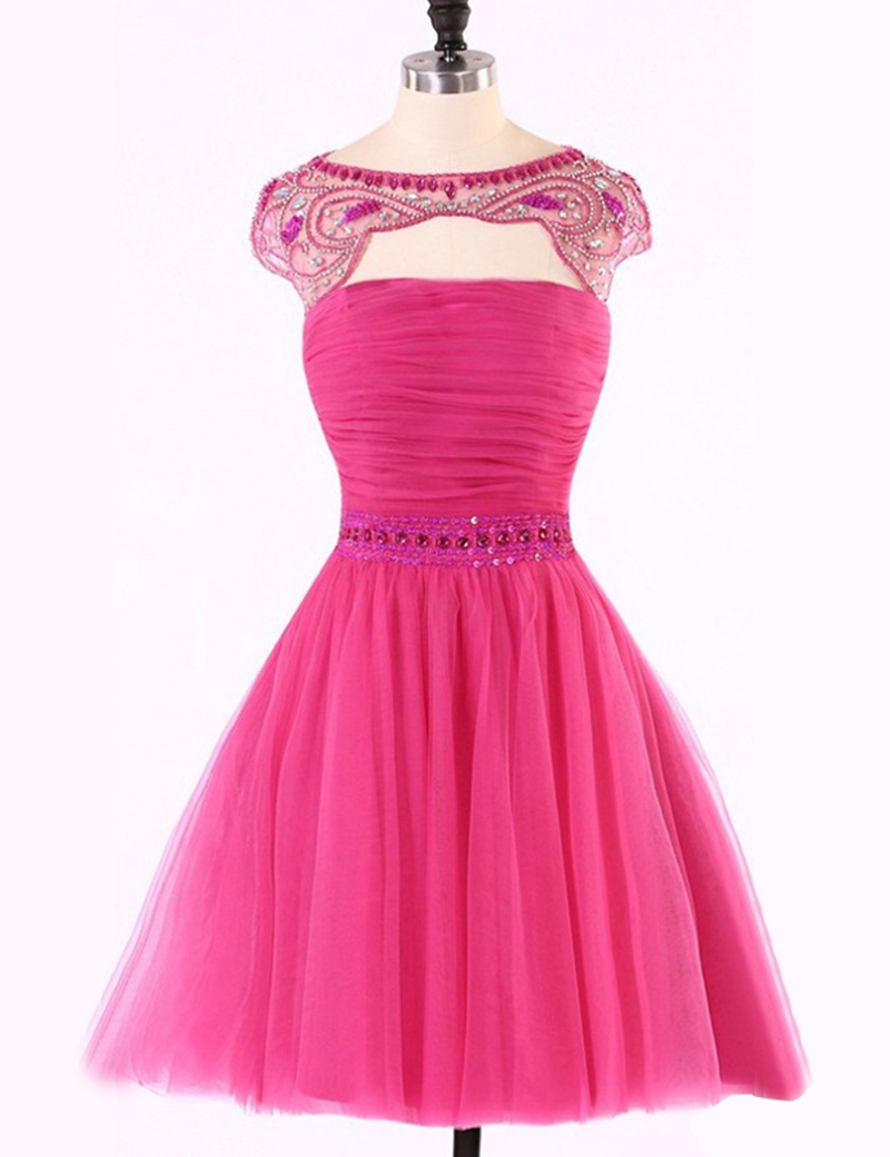 Pink Prom Dresses, Short Homecoming Dresses, Cap Sleeves Prom Dresses With Beaded