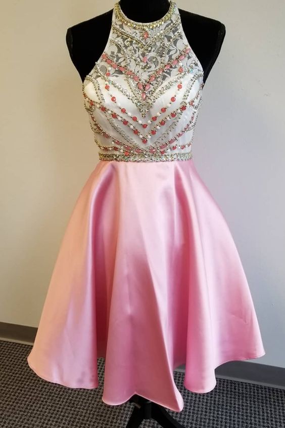 Beaded Short Pink Homecoming Dress, Short Prom Dresses,sexy Party Dress
