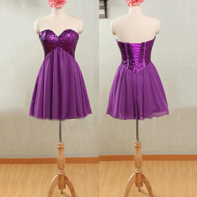 Sweetheart Purple Homecoming Dresses, Sparkly Chiffon Prom Dresses, Causal Short Bridesmaid Dresses