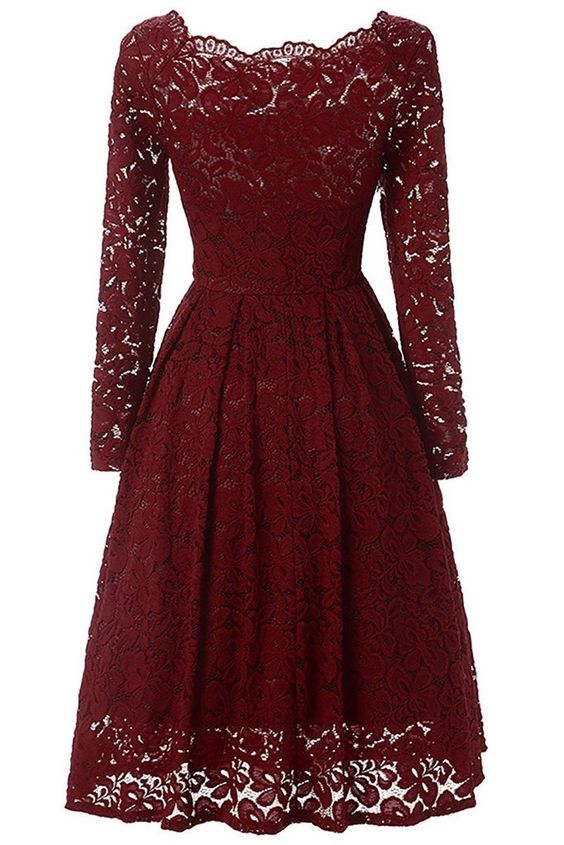 Burgundy A-line Lace Homecoming Dress With Long Sleeves, Short Prom Dresses,sexy Party Dress