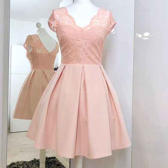 A-line V-neck Short Sleeves Pink Homecoming Dress With Lace,short Prom Dresses,sexy Party Dress