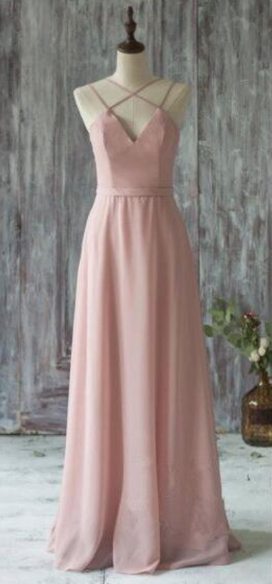 Floor-length V-neck Chiffon Prom Dress in Dusty Pink