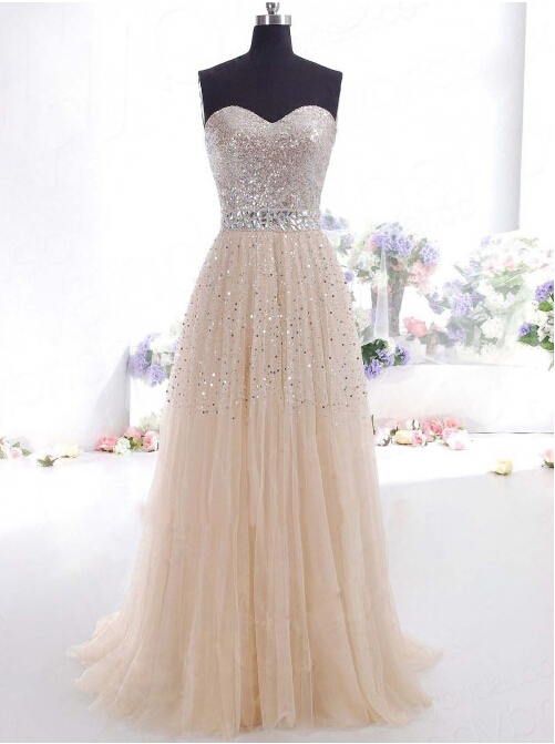 Long Tulle Sequin Prom Dress Showcasing Beaded Embellished Sweetheart Bodice 