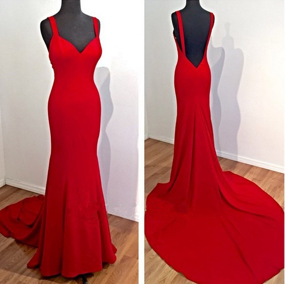 Fitted Straps Red Sweetheart Silk Satin Open Back Formal Gown Sheath Prom Dresses