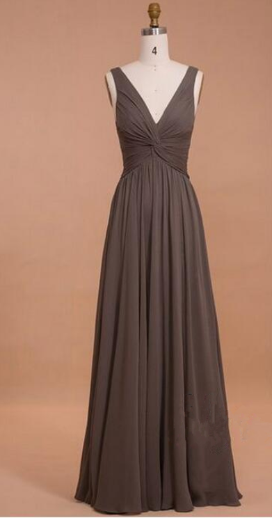 Chocolate Deep V Neck Prom Dress, Draped Bodice Chiffon Bridesmaid Dress With V Back