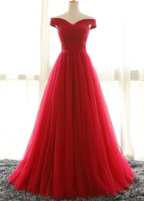 Simple Off the Shoulder Red Prom Dress,Elegant Wedding Party Dress,Long A-Line Tulle Prom Dress,Red Formal Dress for Women