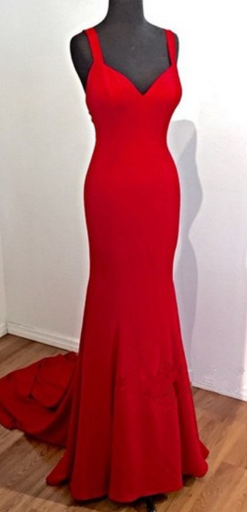 Fitted Straps Red Sweetheart Silk Satin Open Back Formal Gown, Sheath Prom Dresses
