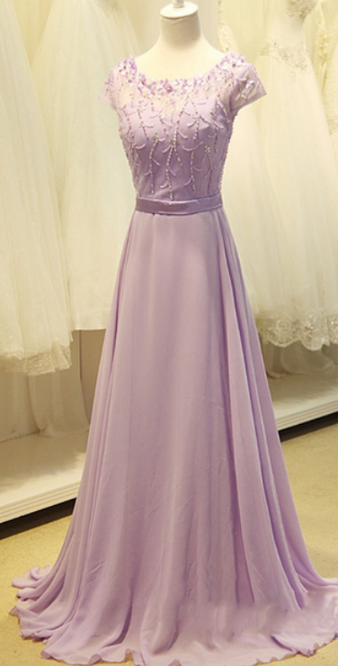 Cap Sleeve Light Purple Long Chiffon Prom Dress, A Line Party Dresses, Bridesmaid Dress