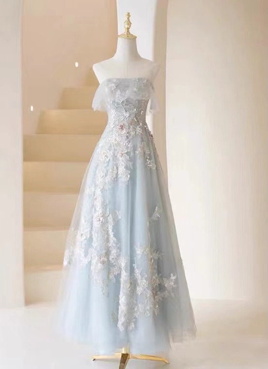 Strapless party dress,blue birthday dress,fairy mini dress with applique